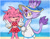 Size: 1280x1011 | Tagged: safe, artist:flameheart87, amy rose, blaze the cat, cat, hedgehog, alternate version, amy x blaze, beach, clothes, double v sign, dress, female, fur markings, hat, lesbian, shipping, sun hat, swimsuit, v sign, yellow sclera