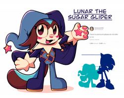 Size: 2048x1625 | Tagged: safe, artist:jesterjesteringjesterly, 2025, agender, agender soleil, character name, cute, english text, lunar the suger glider, lunarbetes, pawpads, paws, reference inset, silhouette, simple background, smile, soleil the sugar glider, soleilabetes, solo, solo agender, sugar glider, text, white background