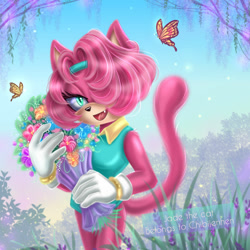 Size: 1280x1280 | Tagged: safe, artist:rainwaterfallszone, oc, oc:jade the cat, cat, 2026, bottomless, bouquet, bug, butterfly, clothes, daytime, female, flower, gloves, grass, hair over one eye, headband, holding something, lavender, lidded eyes, lineless, literal animal, looking at viewer, mouth open, one fang, open smile, outdoors, shirt, smile, solo, standing, tank top, watermark