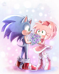 Size: 828x1033 | Tagged: safe, artist:scruffiberri, amy rose, sonic the hedgehog, hedgehog, amy x sonic, amy's halterneck dress, amybetes, blushing, clothes, cute, dress, female, flower, headband, male, rose, shipping, shoes, smile, sonabetes, standing, straight