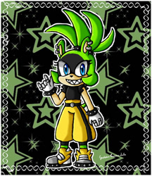 Size: 832x961 | Tagged: safe, artist:goddessprincesslulu, surge the tenrec, tenrec, abstract background, clothes, female, grin, idw sonic the hedgehog, looking at viewer, outline, pants, smile, smiling at viewer, solo, standing, star (symbol), white outline
