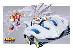 Size: 2047x1391 | Tagged: safe, artist:ialehlg, robotnik, silver the hedgehog, hedgehog, human, 2026, angry, car, clouds, driving, duo, extreme gear, frown, looking offscreen, mouth open, open smile, outdoors, salute, screenshot background, smile, sonic racing crossworlds, star (symbol), v sign, vehicle, youtube thumbnail
