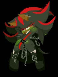 Size: 768x1024 | Tagged: safe, artist:chiquitosilver, shadow the hedgehog, 2019, alternate outfit, black background, blushing, blushing knees, boots, chain, ear fluff, ear piercing, earring, eyelashes, goth, goth shadow, lidded eyes, no outlines, simple background, sitting, solo, spiked bracelet