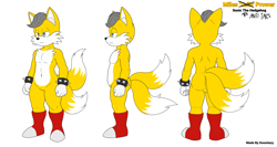 Size: 3555x1888 | Tagged: safe, artist:doomlazy27, miles (anti-mobius), fox, 2026, alternate version, belly button, butt, clenched fists, flat colors, frown, lidded eyes, looking offscreen, reference sheet, simple background, solo, standing, triality, white background