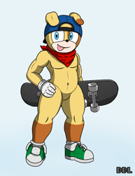 Size: 510x660 | Tagged: safe, artist:doomlazy27, muttski, dog, 2024, alternate outfit, backwards cap, bandana, belly button, cap, green shoes, hand on hip, hat, looking at viewer, shoes, simple background, skateboard, smile, solo, tongue out, white background