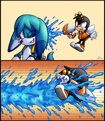 Size: 1272x1459 | Tagged: safe, artist:hotshelter, charmy bee, kit the fennec, bee, tenrec, 2025, child, comic, cute, duo, holding something, kitabetes, male, missing accessory, mouth open, one eye closed, one fang, open smile, playing, smile, splash, this didn't end well, treads, water, water gun