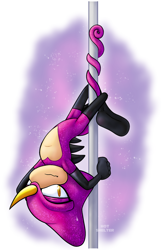 Size: 1012x1550 | Tagged: suggestive, artist:hotshelter, espio the chameleon, 2024, arm sleeves, gradient background, holding something, looking at viewer, pole, pole dancing, smile, socks, solo, stockings, stupid sexy espio, sweatdrop, upside down