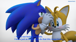 Size: 2560x1440 | Tagged: suggestive, artist:_nav_o, miles "tails" prower, sonic the hedgehog, 2025, 3d, blushing, dialogue, duo, english text, lidded eyes, simple background, smile, sonic 4: episode 2, text, whispering, white background