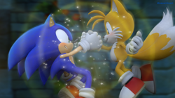 Size: 2560x1440 | Tagged: safe, artist:_nav_o, miles "tails" prower, sonic the hedgehog, 2025, 3d, duo, holding hands, light, looking at each other, mid-air, smile, sonic 4: episode 2, sparkles, sylvania castle, treads