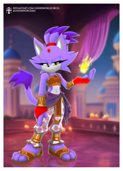 Size: 620x865 | Tagged: safe, artist:underworldcircle, blaze the cat, cat, 2025, alternate outfit, building, candle, female, fire, flame, looking at viewer, nighttime, pose, solo, standing