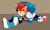 Size: 2262x1362 | Tagged: safe, artist:risziarts, sally acorn, sonic the hedgehog, chipmunk, hedgehog, 2026, archie sonic the hedgehog, bruise, duo, female, looking at each other, male, sally x sonic, sally's ringblader outfit, shadow (lighting), shipping, simple background, sitting, smile, straight, torn gloves, wound