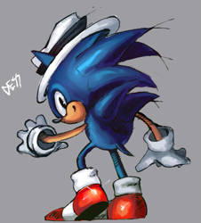 Size: 711x785 | Tagged: safe, artist:bunkergirl1225, sonic the hedgehog, 2026, classic sonic, from behind, grey background, hat, looking at viewer, looking back, looking back at viewer, michael jackson, simple background, solo, standing, treads