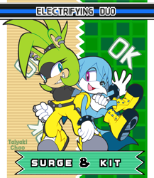 Size: 1775x2048 | Tagged: safe, artist:taiyakichao, kit the fennec, surge the tenrec, tenrec, 2026, clenched fist, clenched teeth, duo, english text, female, fennec, flat colors, holding them, looking at each other, male, sharp teeth, siblings, signature, smile, sonic advance 3, text, treads, wink