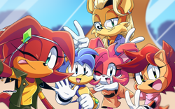 Size: 1680x1050 | Tagged: safe, artist:risziarts, manik acorn, sonia acorn, oc, oc:ruby the echidna, chipmunk, coyote, echidna, hedgehog, rabbit, 2024, belle d'coolette, brother and sister, building, child, daytime, ear piercing, female, glasses, group, holding something, indoors, jacques d'coolette, looking at viewer, male, open smile, parent:antoine, parent:bunnie, parent:knuckles, parent:rouge, parent:sally, parent:sonic, parents:buntoine, parents:knuxouge, parents:sonally, piercing, pose, selfie, siblings, smile, smiling at viewer, teenager, tongue out, v sign, wink