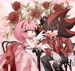 Size: 1331x1259 | Tagged: safe, artist:scruffiberri, amy rose, shadow the hedgehog, hedgehog, 2026, abstract background, amy x shadow, bowtie, chair, clothes, dress, drink, duo, ear piercing, female, flower, fully clothed, holding something, jewelry, looking at each other, male, pants, piercing, plant, plant pot, rose, shipping, shirt, sitting, smile, smiling at them, straight, suit, table