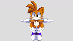 Size: 1280x720 | Tagged: safe, artist:voxbun, miles "tails" prower, 2025, :<, blue shoes, cute, ear fluff, eyelashes, front view, frown, grey background, simple background, solo, standing, t-pose, tailabetes