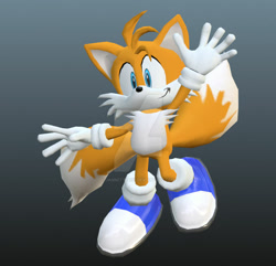 Size: 800x770 | Tagged: safe, artist:jannette3216, miles "tails" prower, sonic adventure, 2025, 3d, blue shoes, deviantart watermark, gradient background, hand up, looking at viewer, nike mouth, obtrusive watermark, posing, smile, solo, watermark