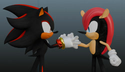 Size: 1280x735 | Tagged: safe, artist:returnofsteely, mighty the armadillo, shadow the hedgehog, 2026, 3d, clenched fist, duo, frown, gradient background, holding hands, looking at each other, smile, standing
