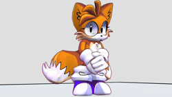 Size: 2844x1600 | Tagged: safe, artist:jhoan67, miles "tails" prower, 2024, :<, blue shoes, blushing, cute, ear fluff, eyelashes, frown, hands together, looking at viewer, solo, standing, tailabetes