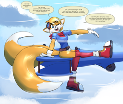 Size: 2084x1768 | Tagged: safe, artist:daaberlicious, miles "tails" prower, oc, oc:kyla meters, fox, 2024, absurd res, arm fluff, bandana, bottomless, clothes, clouds, daytime, dialogue, english text, eyebrow clipping through hair, eyewear on head, female, gender swap, gloves, goggles, goggles on head, hand out, looking at viewer, mid-air, outdoors, plane, shirt, shoes, sitting, socks, solo, speech bubble, stockings, talking, talking to viewer, text, wind, wink