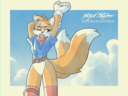 Size: 1600x1200 | Tagged: safe, artist:glairedaggers, miles "tails" prower, oc, oc:kyla meters, arm fluff, bandana, belt, bottomless, clothes, clouds, eye clipping through hair, eyebrow clipping through hair, eyewear on head, gender swap, goggles, goggles on head, looking offscreen, mouth open, one eye closed, shirt, signature, socks, solo, standing, stockings, stretching