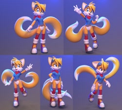 Size: 2048x1852 | Tagged: safe, artist:lemurfeature, miles "tails" prower, oc, oc:kyla meters, 2024, 3d, belt, boots, bottomless, clothes, eyewear on head, frown, gender swap, goggles, goggles on head, lidded eyes, looking at viewer, looking offscreen, mouth open, posing, shirt, smile, socks, solo, standing, standing on one leg, stockings, v sign, walking