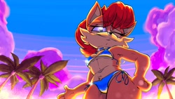 Size: 3840x2160 | Tagged: suggestive, artist:_hunter839, artist:hunter839, sally acorn, chipmunk, bikini, hand on hip, midriff, palm tree, sky background, swimsuit, winking at viewer