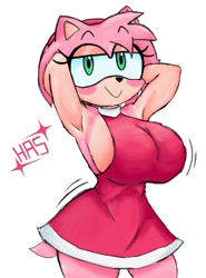 Size: 686x926 | Tagged: safe, artist:halfasoda, amy rose, hedgehog, big breasts, blushing, breasts, female, hands behind head, posing, watermark, white background
