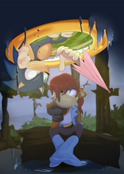Size: 2800x3920 | Tagged: safe, artist:kc_456, sally acorn, sonic the hedgehog, chipmunk, hedgehog, 2026, alternate outfit, alternate universe, daytime, duo, female, forest, giving object, grin, holding something, log, looking at each other, male, puddle, rain, ring, sally x sonic, shipping, sitting, smile, smiling at each other, straight, tree, umbrella, wet, wet hair
