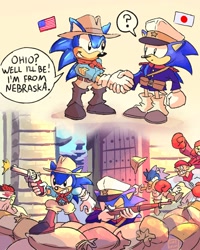 Size: 960x1200 | Tagged: safe, artist:dorefatum, sonic the hedgehog, hedgehog, human, 2026, american flag, boxing gloves, building, classic sonic, clothes, comic, country flag, cowboy hat, cowboy outfit, daytime, dialogue, duo focus, english text, fighting, fleetway, fully clothed, group, gun, handshake, historical event, holding something, japanese flag, looking at each other, looking offscreen, male, pants, punching, question mark, revolver, rifle, sandbag, scarf, self paradox, shirt, speech bubble, star (symbol), uniform, weapon