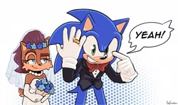Size: 2048x1215 | Tagged: safe, artist:jadepesky, sally acorn, sonic the hedgehog, chipmunk, hedgehog, 2025, abstract background, bouquet, bowtie, clothes, dialogue, duo, english text, female, flower, flower crown, grin, holding something, looking at them, looking at viewer, male, meme, raised eyebrow, redraw, sally x sonic, shipping, smile, smiling at viewer, speech bubble, straight, suit, wedding, wedding dress, wedding ring, wedding suit