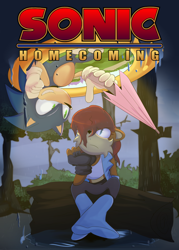 Size: 1280x1792 | Tagged: safe, artist:kc_456, sally acorn, sonic the hedgehog, chipmunk, hedgehog, 2026, alternate outfit, alternate universe, au:sonic homecoming (theopenrift), cover art, daytime, duo, english text, female, forest, giving object, grin, holding something, log, looking at each other, male, outdoors, puddle, rain, ring, sally x sonic, shipping, sitting, smile, smiling at them, straight, tree, umbrella, wet, wet hair