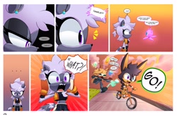 Size: 4096x2698 | Tagged: safe, artist:buddyhyped, tangle the lemur, whisper the wolf, wisp, oc, oc:aiden the hare, lemur, wolf, ..., 2025, adopted fankid, adult, bicycle, chasing, child, cloud, comic, daytime, dialogue, english text, fankid, female, funny, grass, group, happy, hare, lesbian, looking at each other, looking at them, male, mother and child, mother and son, outdoors, panicked, parent:tangle, parent:whisper, parents:whispangle, riding, road, running, shipping, sidewalk, speech bubble, standing, sunset, tangle x whisper, toddler, vehicle