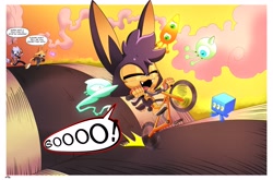 Size: 4096x2698 | Tagged: safe, artist:buddyhyped, tangle the lemur, whisper the wolf, wisp, oc, oc:aiden the hare, lemur, wolf, 2025, adopted fankid, adult, bicycle, chasing, child, cloud, comic, daytime, dialogue, english text, fankid, female, funny, grass, group, happy, hare, lesbian, looking at them, male, outdoors, panicked, parent:tangle, parent:whisper, parents:whispangle, pulling, riding, road, running, shipping, sidewalk, speech bubble, standing, sunset, tangle x whisper, toddler, treads, vehicle, wheelie