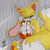 Size: 894x894 | Tagged: safe, artist:nanalabell, cream the rabbit, miles "tails" prower, fox, rabbit, abstract background, duo, female, frown, hand on another's head, holding them, male, mouth open, protecting, squinting