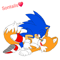 Size: 1080x1080 | Tagged: suggestive, artist:sisthebest24, miles "tails" prower, sonic the hedgehog, 2026, blushing, duo, flat colors, gay, heart, looking at each other, lying down, ship name, shipping, simple background, sonic x tails, text, treads, white background