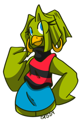 Size: 1024x1567 | Tagged: safe, artist:sassymelvin, tekno the canary, bird, 2022, eye clipping through hair, hand on hip, looking at viewer, signature, simple background, smile, solo, transparent background