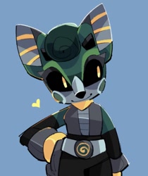 Size: 1075x1282 | Tagged: safe, artist:mintywhisker, cassia the pronghorn, 2026, black sclera, blue background, hand on hip, head tilt, heart, looking offscreen, pronghorn, robot, simple background, smile, solo, standing