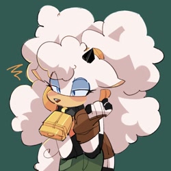 Size: 1538x1538 | Tagged: safe, artist:mintywhisker, lanolin the sheep, 2026, arms folded, eye clipping through hair, frown, green background, lanolin is not amused, lidded eyes, looking offscreen, simple background, solo, squiggle, standing, unamused