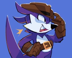 Size: 1288x1030 | Tagged: safe, artist:mintywhisker, nack the weasel, 2026, blue background, cute, hand on hip, happy, looking offscreen, mouth open, nackabetes, open smile, simple background, smile, solo, standing
