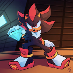 Size: 2026x2028 | Tagged: safe, artist:mintywhisker, shadow the hedgehog, 2020, abstract background, chaos emerald, frown, holding something, indoors, light, posing, redraw, shadow the hedgehog (video game), signature, solo, victory pose