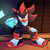 Size: 2026x2028 | Tagged: safe, artist:mintywhisker, shadow the hedgehog, hedgehog, 2020, abstract background, chaos emerald, frown, holding something, indoors, light, male, posing, redraw, shadow the hedgehog (video game), signature, solo, victory pose