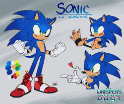 Size: 1280x1071 | Tagged: safe, artist:bzart55, sonic the hedgehog, hedgehog, 2025, alternate universe, au:whispers of the past, boots, character name, claws, color palette, heart, looking offscreen, male, pawpads, redesign, signature, smile, solo, text, tongue out, wink