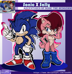 Size: 1418x1459 | Tagged: safe, artist:zeed_02, sally acorn, sonic the hedgehog, chipmunk, hedgehog, 2026, archie sonic the hedgehog, character name, classic sally, classic sonic, classic sonic (universe), dic, duo, english text, female, looking at viewer, male, pose, redesign, sally x sonic, shipping, simple background, sonic christmas blast, standing, straight