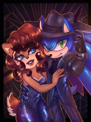 Size: 1543x2048 | Tagged: safe, artist:gummierat, sally acorn, sonic the hedgehog, chipmunk, hedgehog, 2022, abstract background, alternate outfit, alternate universe, black gloves, clothes, dress, duo, fedora, female, fully clothed, gloves, hat, lipstick, looking at viewer, male, pose, sally x sonic, shipping, smile, straight, suit