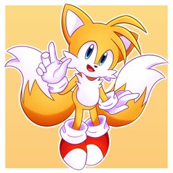 Size: 800x800 | Tagged: safe, artist:usv02, miles "tails" prower, fox, greeting, looking at viewer, male, open mouth, open smile, outline, simple background, smile, smiling at viewer, solo, standing, white outline