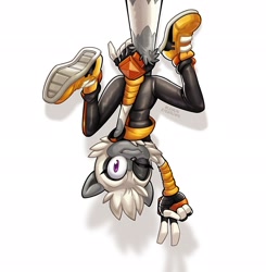 Size: 2004x2048 | Tagged: safe, artist:lemon eyebrows, tangle the lemur, lemur, female, looking at viewer, pose, simple background, smile, smiling at viewer, solo, treads, upside down, v sign, white background, wink, winking at viewer