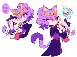 Size: 1538x1143 | Tagged: safe, artist:einelitas, blaze the cat, silver the hedgehog, oc, oc:nymph the cat (einelitas), cat, hedgehog, 2026, adult, blaze x silver, blushing, carrying them, cute, dialogue, duo, duo focus, english text, fankid, female, heart, looking at each other, male, mother and child, mother and daughter, parent:blaze, parent:silver, parents:silvaze, shipping, simple background, speech bubble, straight, tiara, toddler, white background