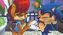 Size: 4096x2299 | Tagged: safe, artist:o_azul35, sally acorn, sonic the hedgehog, chipmunk, hedgehog, 2026, alternate version, apotos, blushing, building, dating simulator, daytime, duo, english text, eyes closed, fake screenshot, female, grin, holding hands, looking at each other, male, sally x sonic, sally's vest and boots, shipping, smile, smiling at each other, standing, straight