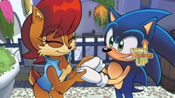 Size: 4096x2299 | Tagged: safe, artist:o_azul35, sally acorn, sonic the hedgehog, chipmunk, hedgehog, 2026, alternate version, apotos, blushing, building, dating simulator, daytime, duo, english text, eyes closed, fake screenshot, female, grin, holding hands, looking at each other, male, sally x sonic, sally's vest and boots, shipping, smile, smiling at each other, standing, straight